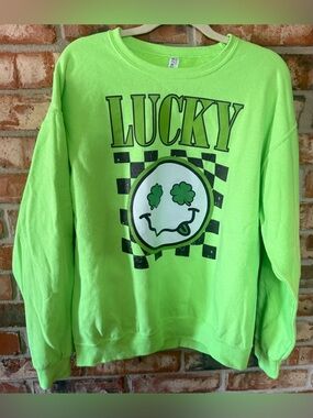 Jerzees Neon Green 'Lucky' Graphic Crewneck Sweatshirt